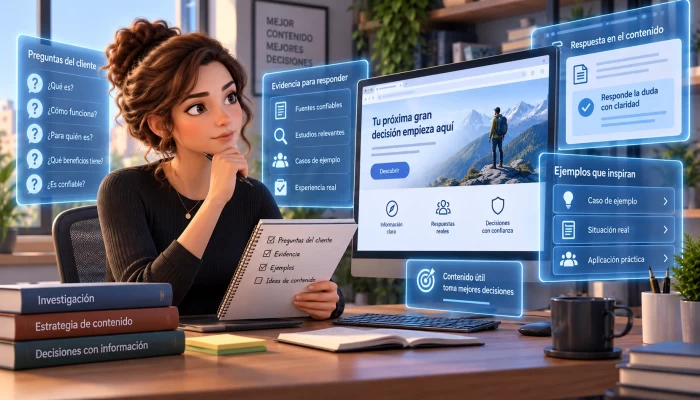 Especialista animada compara contenido y evidencias con paneles digitales fuera del monitor.