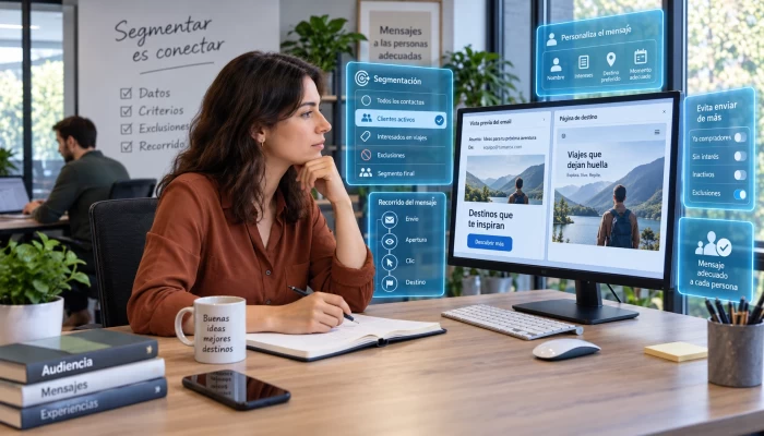 Especialista compara criterios de segmentación y exclusiones de email en interfaces flotantes.