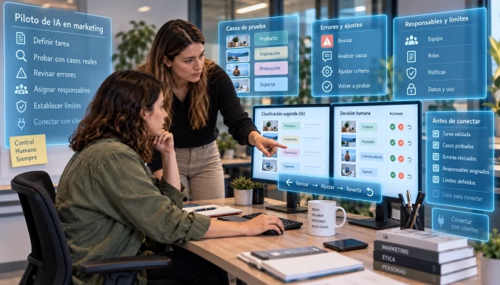 Desarrolladora y revisora comparan sugerencias de IA y decisiones humanas en interfaces flotantes.
