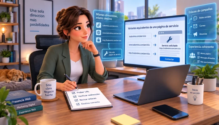 Especialista animada revisa que las variantes del servicio conduzcan a su dirección web canónica.