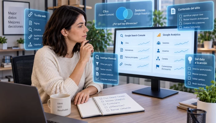 Especialista contrasta evidencias de Search Console y Analytics con paneles digitales fuera del monitor.