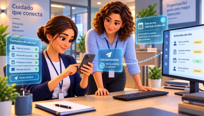 Personal animado prueba una solicitud móvil con pantallas flotantes y confirmación de recepción.